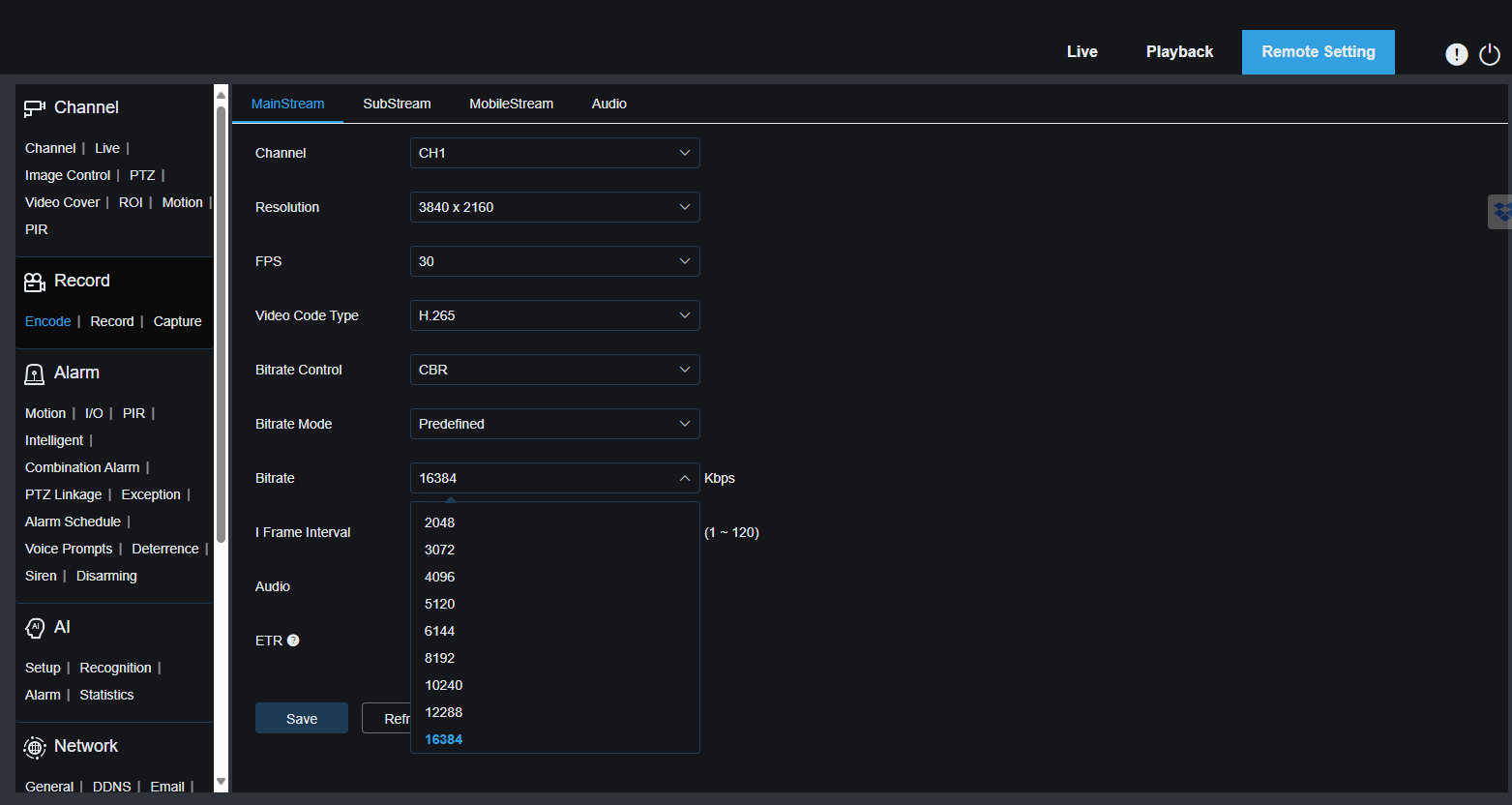 IPVAULT2320PR remote setting Record Encode Mainstream
