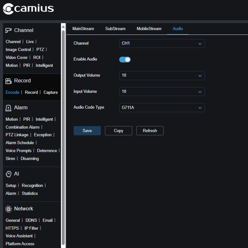 Camius IPVAULT1128PR web Audio settings voume