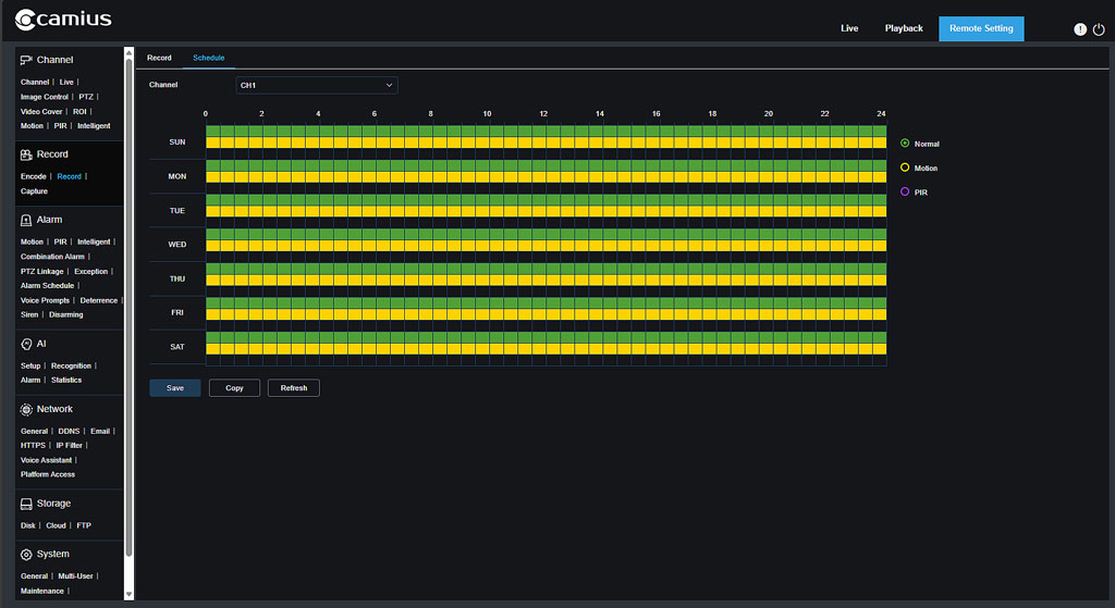 Camius DVR and NVR recording schedule screen showing continuous recording in green and motion recording in yellow under the Record Schedule menu