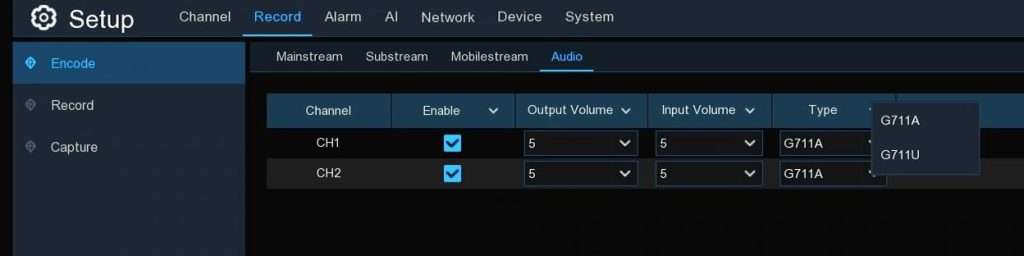 Camius NVR recorders audio settings encoding