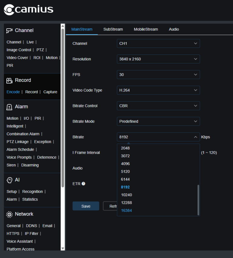 Record Encode MainStream Bitrate 16m