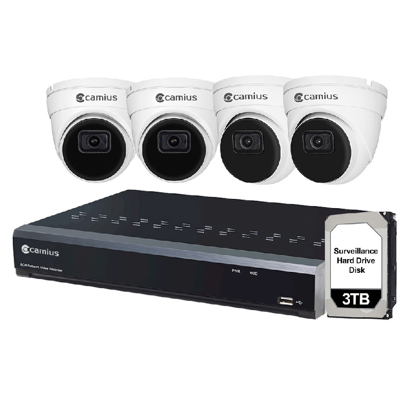 8Pr4I5R3T-800-800 4 2K Dome Cameras with PoE NVR 8 Channels, 3TB Hard Drive