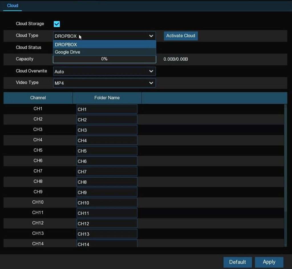 You can enable recording videos or pictures triggered by your alarm events to Dropbox or Google Drive. Follow the guide available at this linkYou can enable recording videos or pictures triggered by your alarm events to Dropbox or Google Drive.