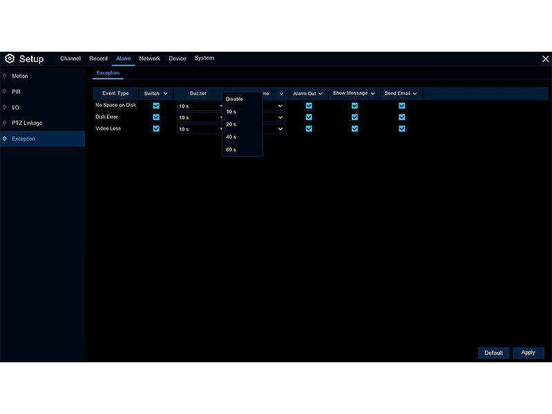 Camius 16 channel NVR - activate alarm notifications when the NVR has no space on the hard disk, HDD error