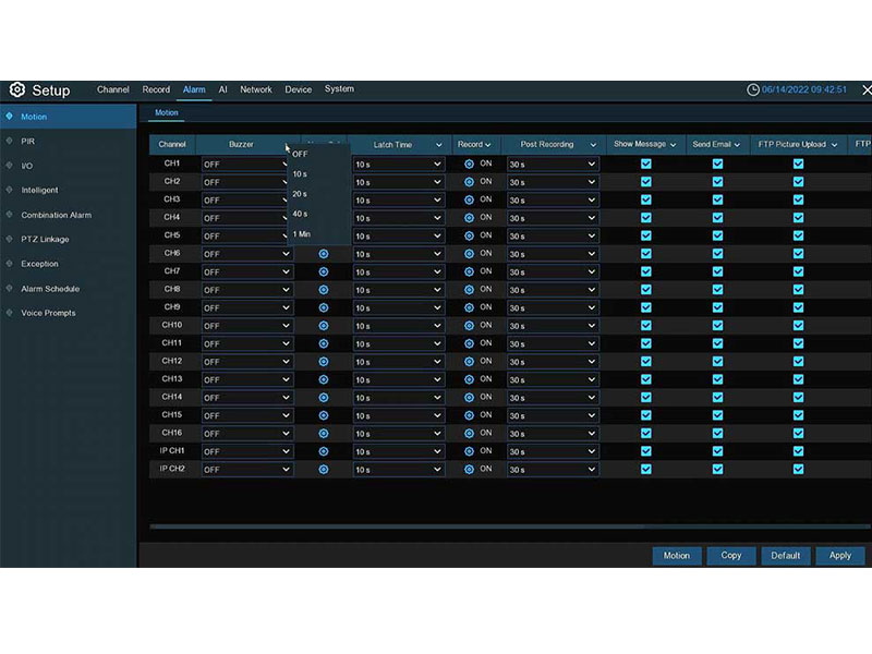Camius NVR motion detection alarm settings screen showing Setup menu with Motion tab selected, channels CH1 to CH16, buzzer duration options, latch time, post recording settings, record on or off toggle, email alert, FTP picture upload, and show message checkboxes for security camera system configuration.