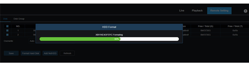 Camius DVR NVR hard drive format hard drives format full HDD progress bar web