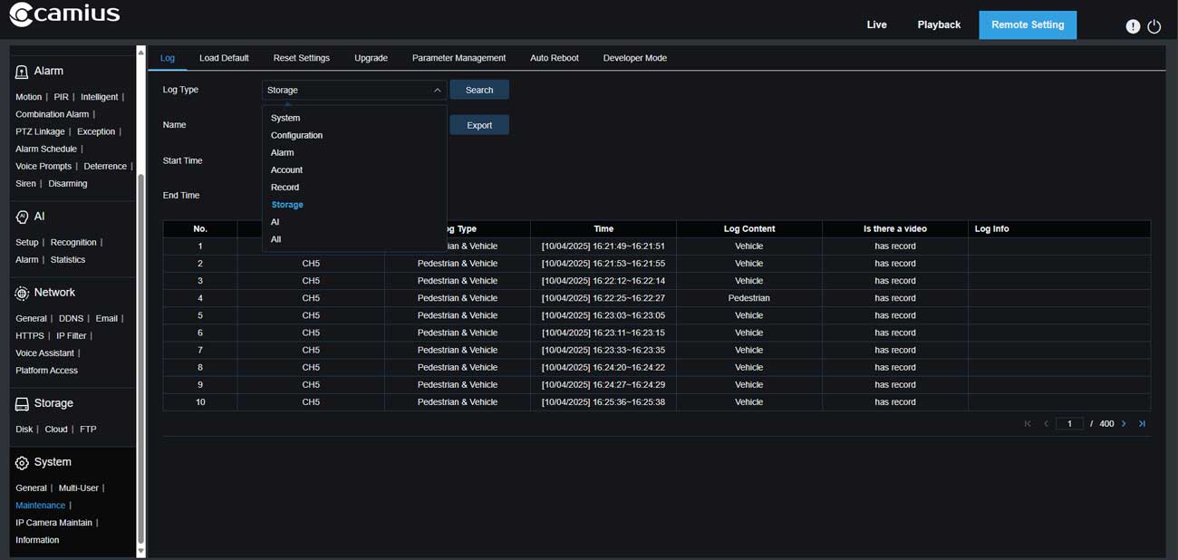 Camius DVR NVR storage - check the log