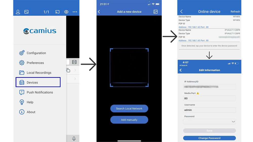 Camius View app- add the NVR, DVR or IP camera to the smartphone app - 3 steps