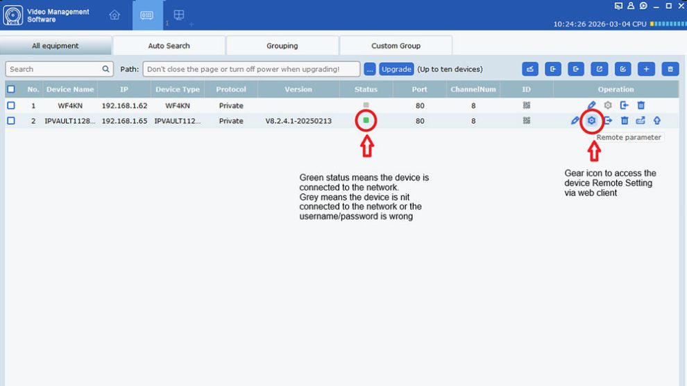 VMS pro software - device management tab - check if the device is online and access its remote setting