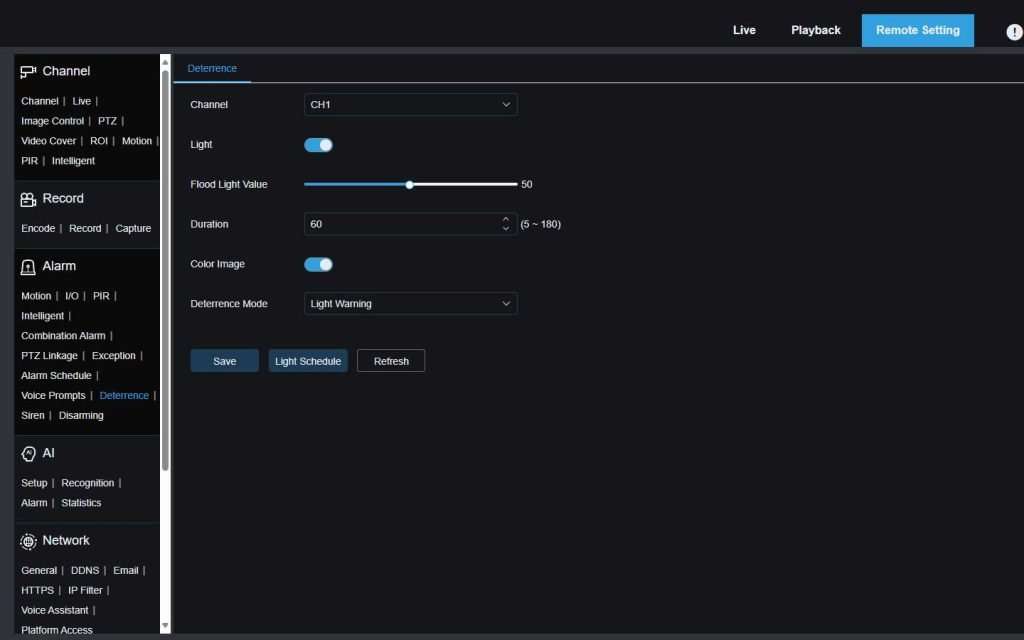 Picture 1 shows the Deterrence settings for the SPOT828A-R camera