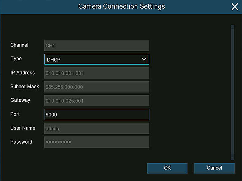IP Camera Connection Settings window in Camius NVR