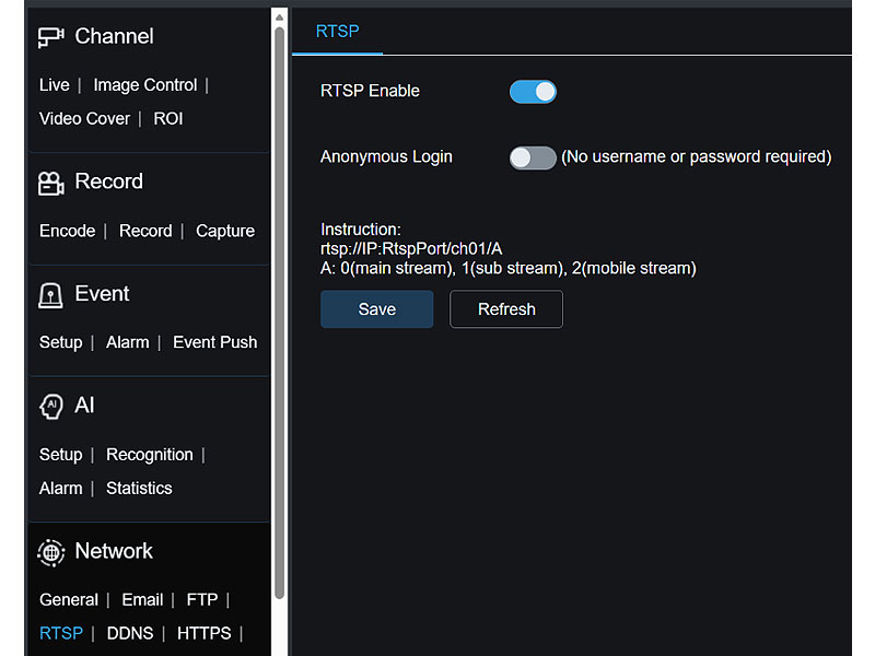 IP camera RTSP settings screen showing RTSP Enable toggle and stream format