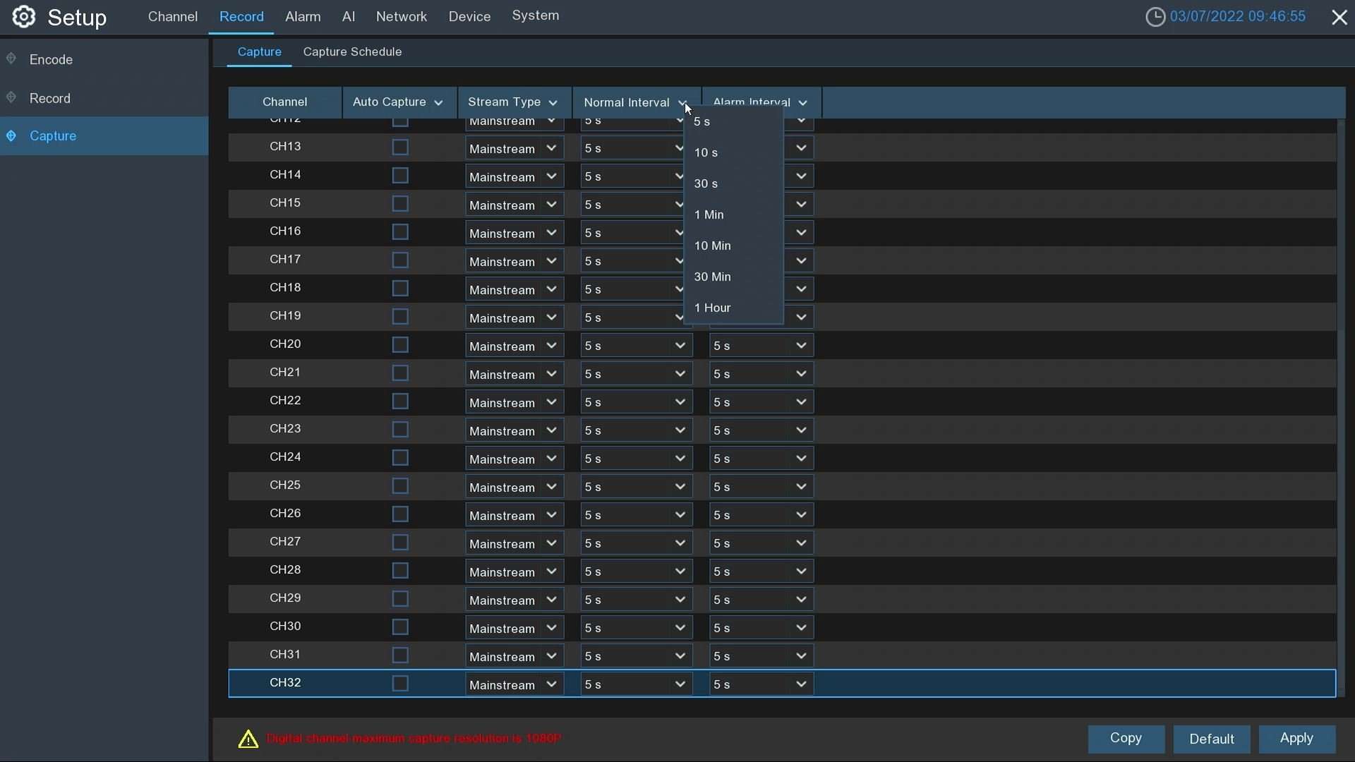 IPVAULT8256R Capture normal interval