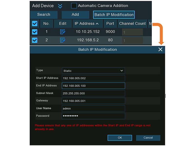 NVR IP channels - batch IP address