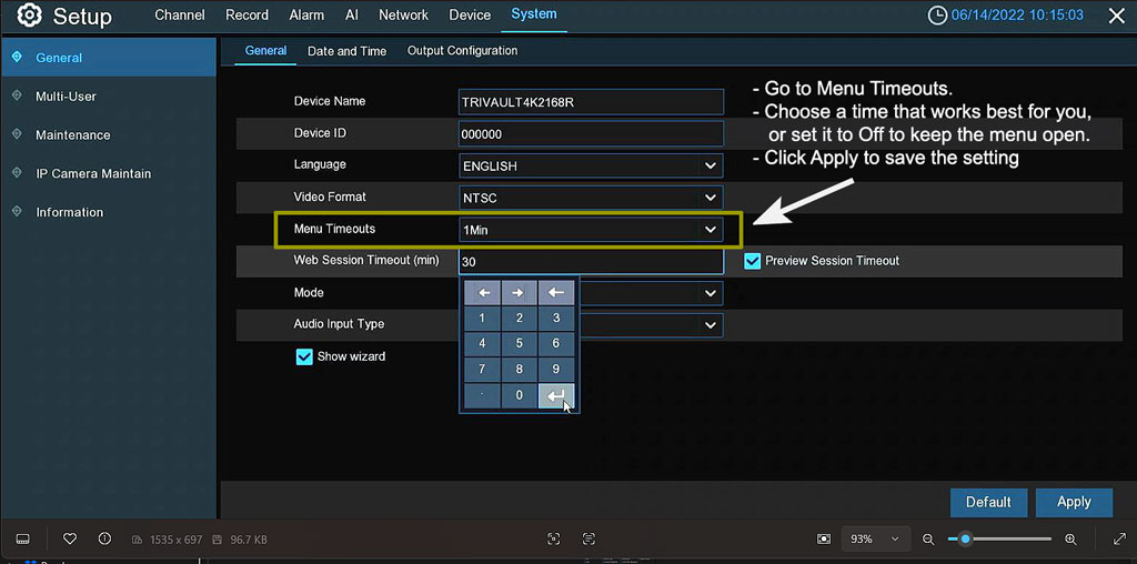 Camius DVR menu timeout settings screen showing how to disable automatic logout on DVR and NVR systems