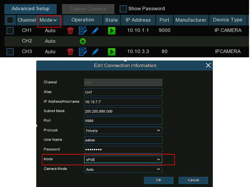 PoE mode in IP channels NVR