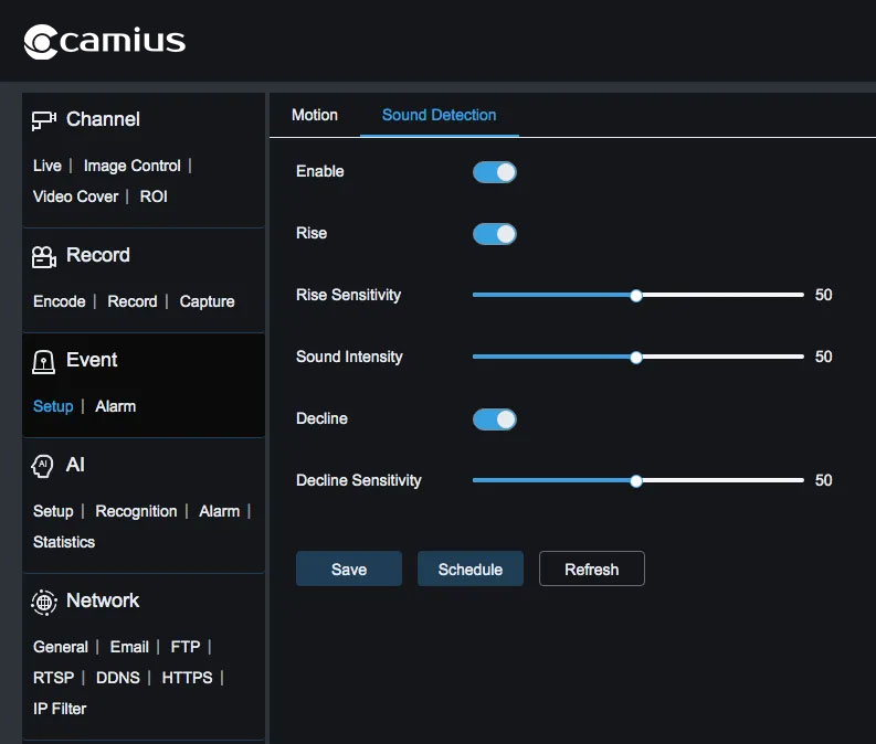 Business surveillance system with sound detection. Security camera with audio recording, 24 7 video, time stamped events