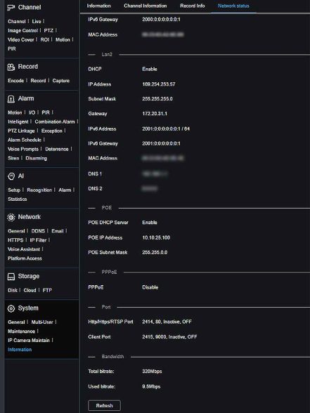 16 channel NVR web client showing 640 Mbps recording bandwidth with total and used bitrate monitoring per system