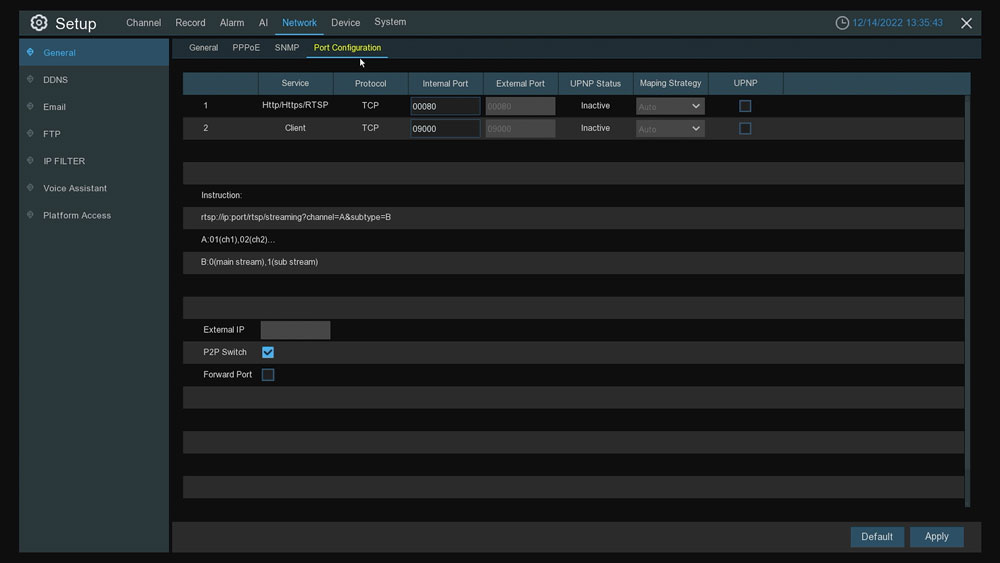 On the DVR go to Menu → Network → General → Port Configuration and make sure the P2P switch checkbox is ticked.