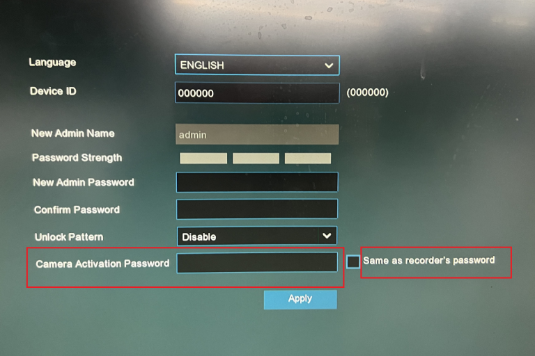 Camius DVR IP camera password assignment screen