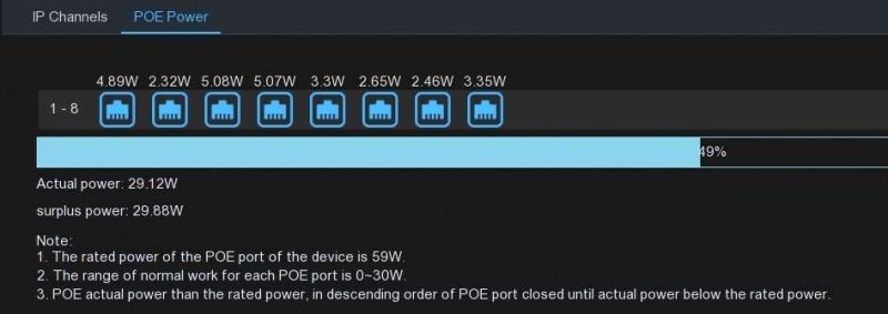 Users can select the 'PoE Power' tab after plugging the camera into the NVR's PoE port to check the PoE power consumption.