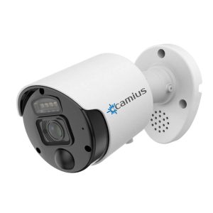 4K security camera, bullet-shaped, with a built-in mic and speaker, spotlights (or floodlights) and siren
