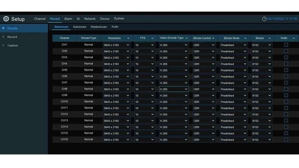 The security DVR supports the recording of analog channels in 4K (8MP 8 megapixels which is 8 million pixels) with 10 frames per second (fps) and IP at 1 to 30 fps (depending on the IP camera capabilities, e.g., SPOT828A-R IP camera). You can even control audio settings.