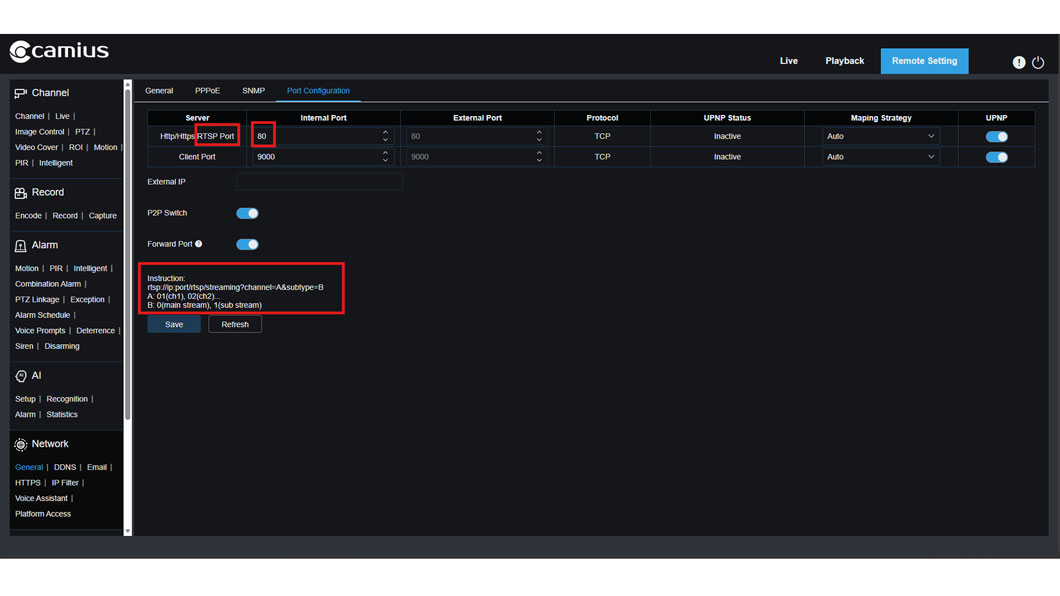 Camius NVR web interface showing Network Port Configuration page with RTSP port set to 80 and RTSP URL format instructions for channel and stream selection (mainstream and substream).