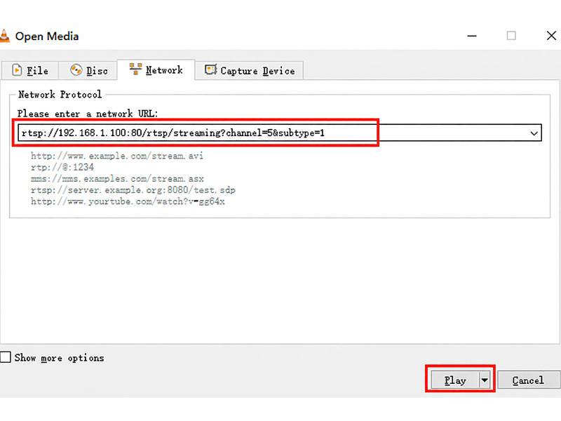 VLC Media Player Open Media window showing RTSP stream URL