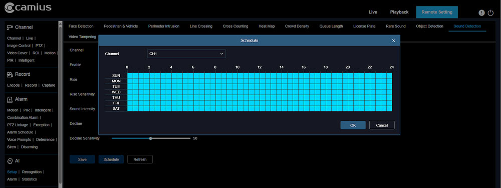 Camius NVR DVR web browser AI setup sound detection schedule
