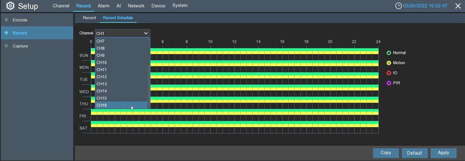 Camius DVR and NVR recording schedule (HDMI user interface)