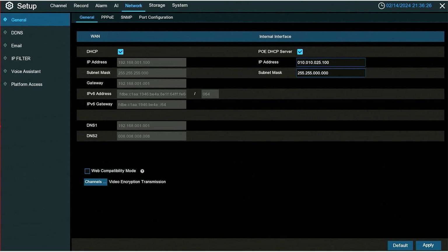 Camius PoE NVR internal interface settings IPVAULT2256PR WEB