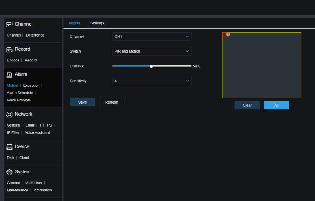 Camius WF4KN Alarm Motion PIR and Motion Sensititivity All area