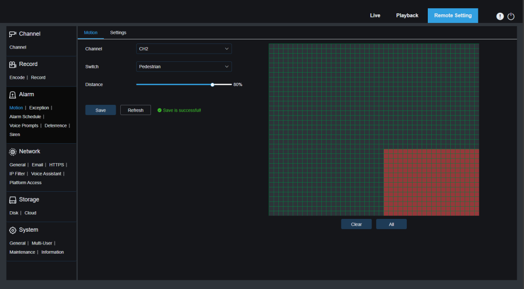 WF4KN motion detection pedestrian greed area setup selected