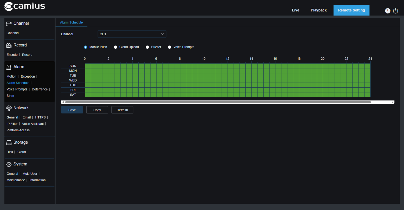 Alarm schedule for the Camius wireless NVR. This menu controls mobile push alerts, cloud uploads, buzzer alerts, and voice prompts based on selected hours and days.
