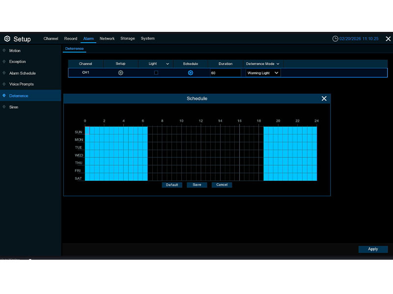 Camius NVR Deterrence Schedule grid displaying weekly time slots in blue for each channel warning or strobe light alarm activation under Alarm Setup menu