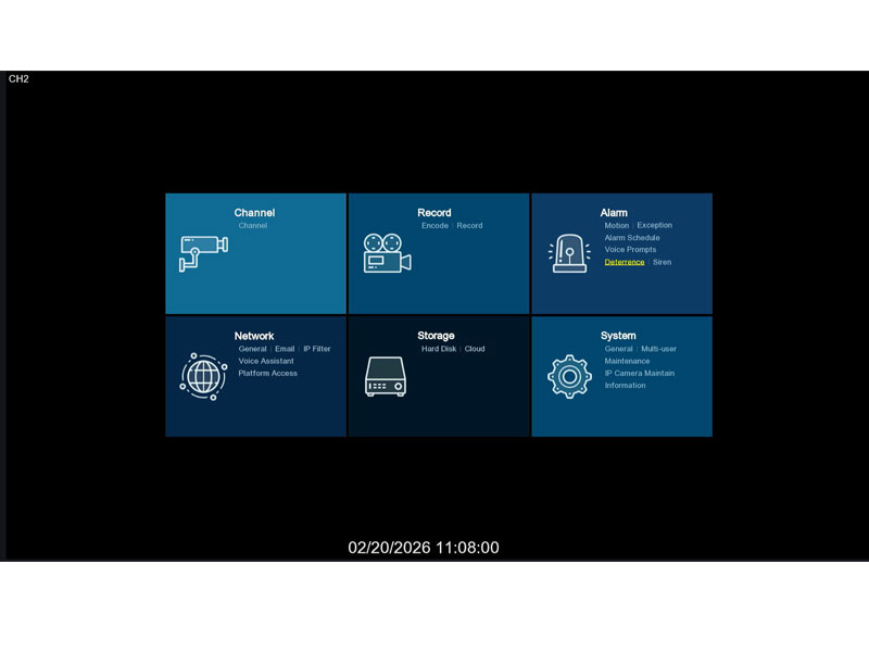 Camius Wireless NVR system settings screen showing Channel, Record, Alarm with motion and deterrence, Network, Storage, and System menu options on HDMI monitor interface