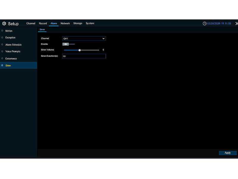 Camius NVR Setup Alarm Siren menu showing active channels (cameras) with enable toggle off, siren volume set to level, and siren duration set in in seconds on HDMI interface