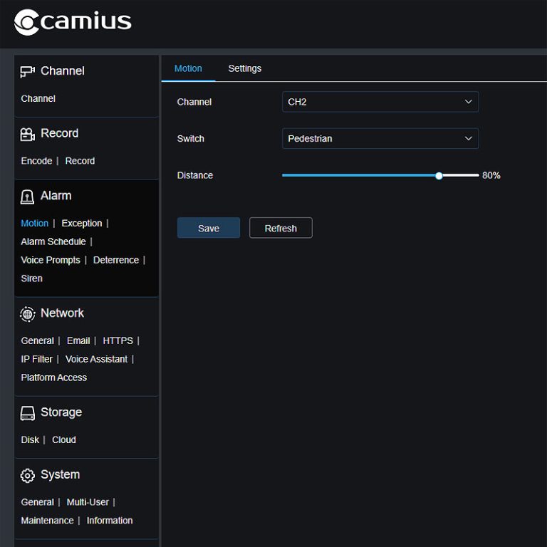 Camera motion mode for the Camius wireless NVR. This menu supports Pedestrian detection and adjustable detection distance to improve motion accuracy.