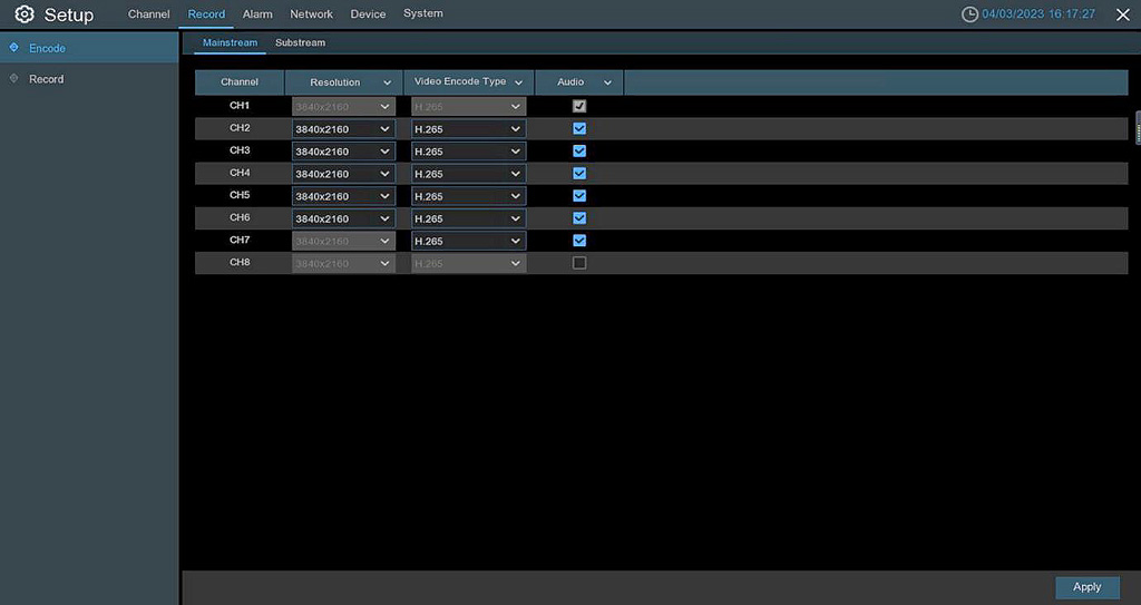 Camius NVR Setup > Record > Encode > Mainstream tab showing Audio checkbox enabled per channel for 4K wireless cameras.