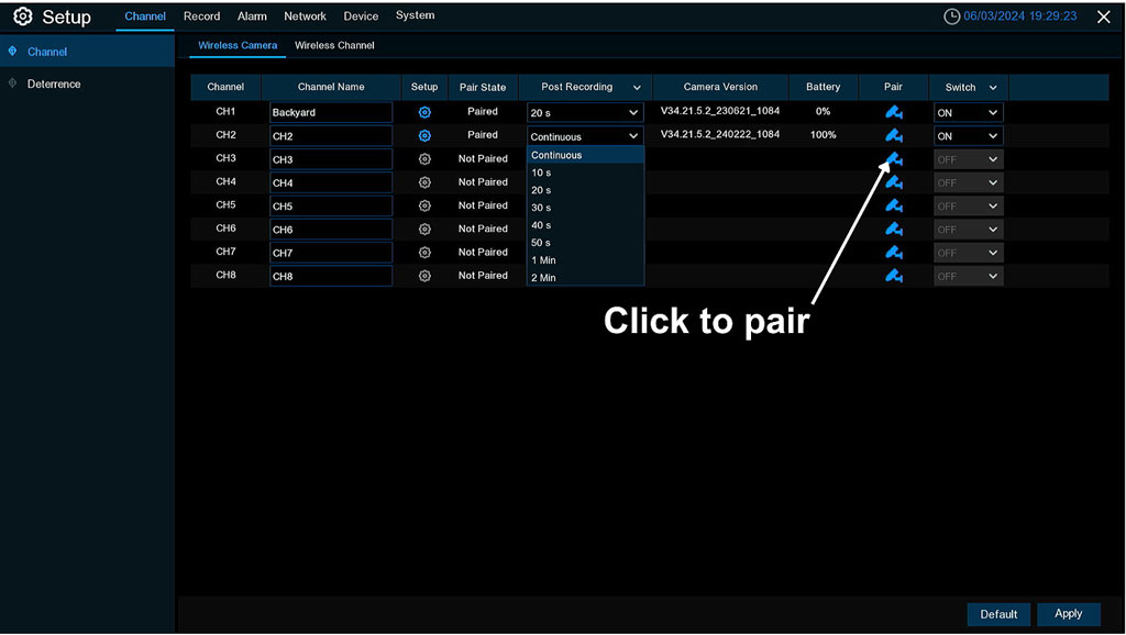 Wireless pair new camera from Channel list