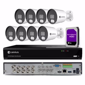 Camius 4K closed circuit camera system with 8 analog cameras and 8-channel BNC DVR, 8TB storage