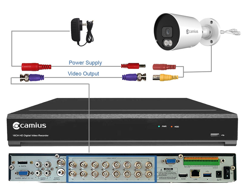 Camius 16 channel DVR and 4K analog cctv camera connection for business - diagramm
