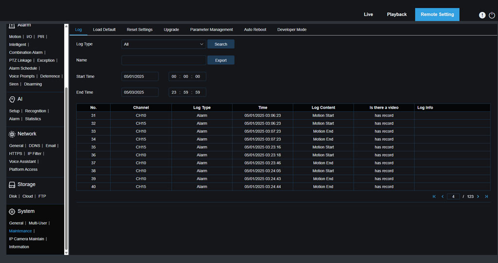 System log IPVAULT 32 CHANNEL NVR