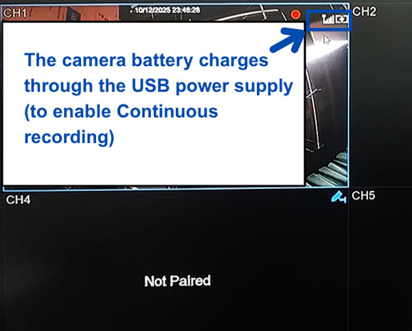 Wireless Camera system WF4KN camera charged using a USB power for continious recording charging icon
