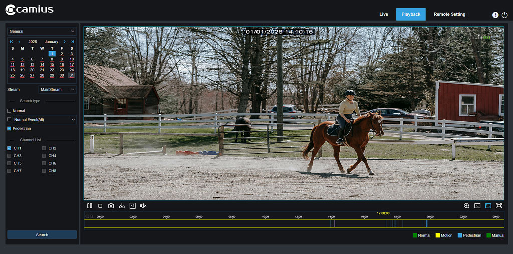 Camius web browser NVR playback interface with AI detection filters, calendar search, and security camera event timeline