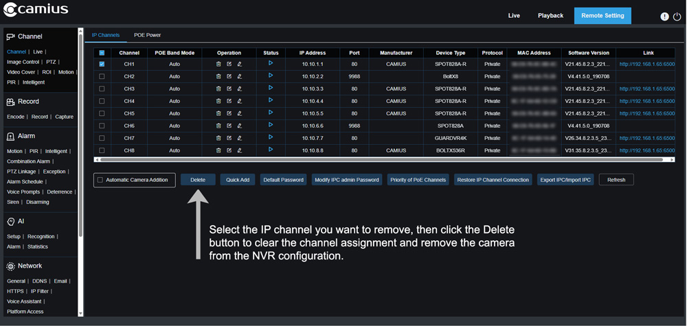 How do I remove or delete an IP camera channel from an IPvault PoE NVR?