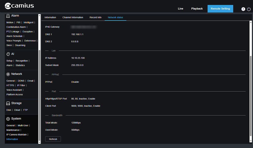 Camius IPVAULT1128PR 8-Channel NVR Network Status 128Mbps Bandwidth Live View
